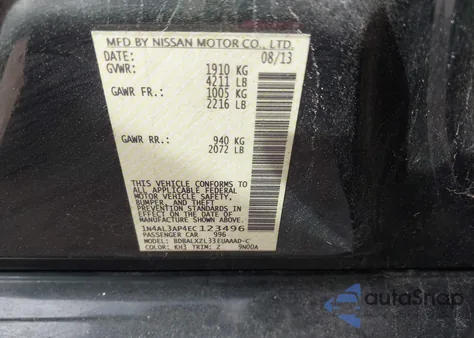 2014 Nissan Altima 2.5 Sl z USA, uszkodzony, nr VIN 1N4AL3AP4EC123496